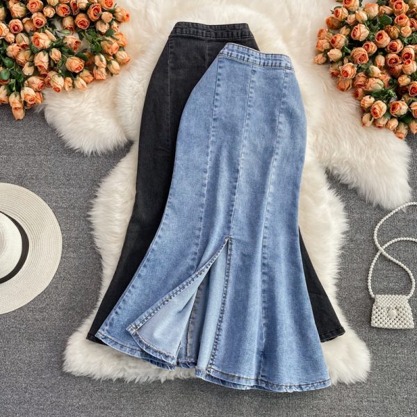 Denim High Waist Slit Skirt Women's A- line Skirt Ruffled Mid-Length below the Knee Slim Fit Slimming Fishtail Hip Skirt - Image 2
