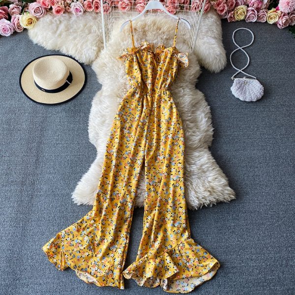 Floral wide-leg pants, high-waist flared pants trousers jumpsuits women's one-line collar off-shoulder waist thin sling jumpsuit - Image 3